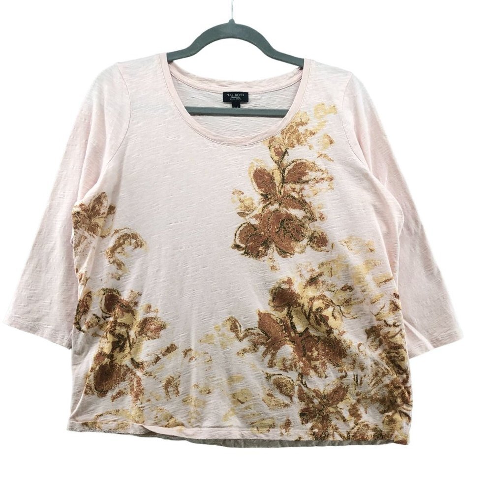 Talbots Long Sleeve T Shirt Womens 1XP 1X Petite Beige Brown Crewneck Cotton